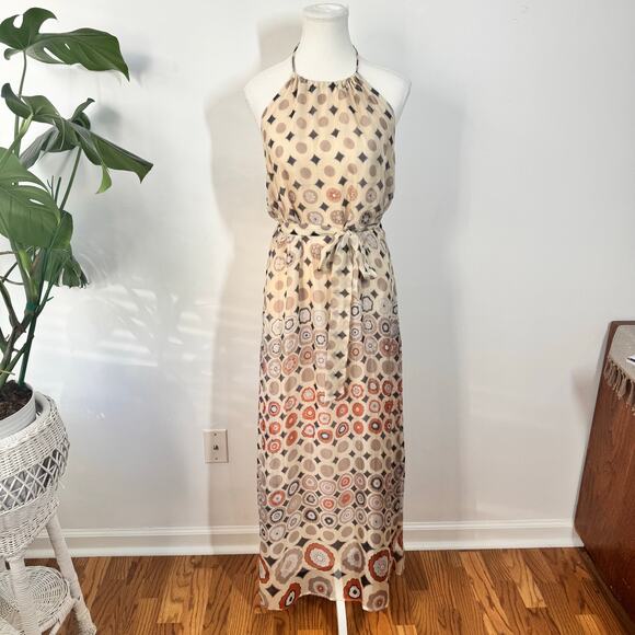 Glam Dress Women L Cream Geometric Halter 100% Silk Scarf Maxi Vintage Y2K Party - Picture 4 of 10